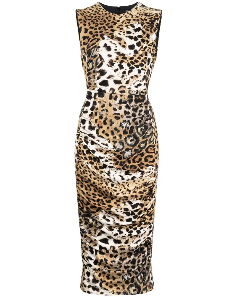 Roberto Cavalli Jaguar-print Gathered Midi Dress Brown
