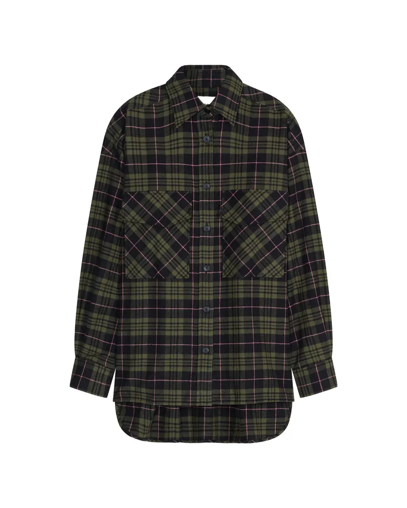 Closed Check-pattern Oversized Shirt Green