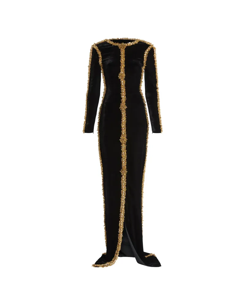 Balmain Long Velvet Dress With Embroidered Trim Black