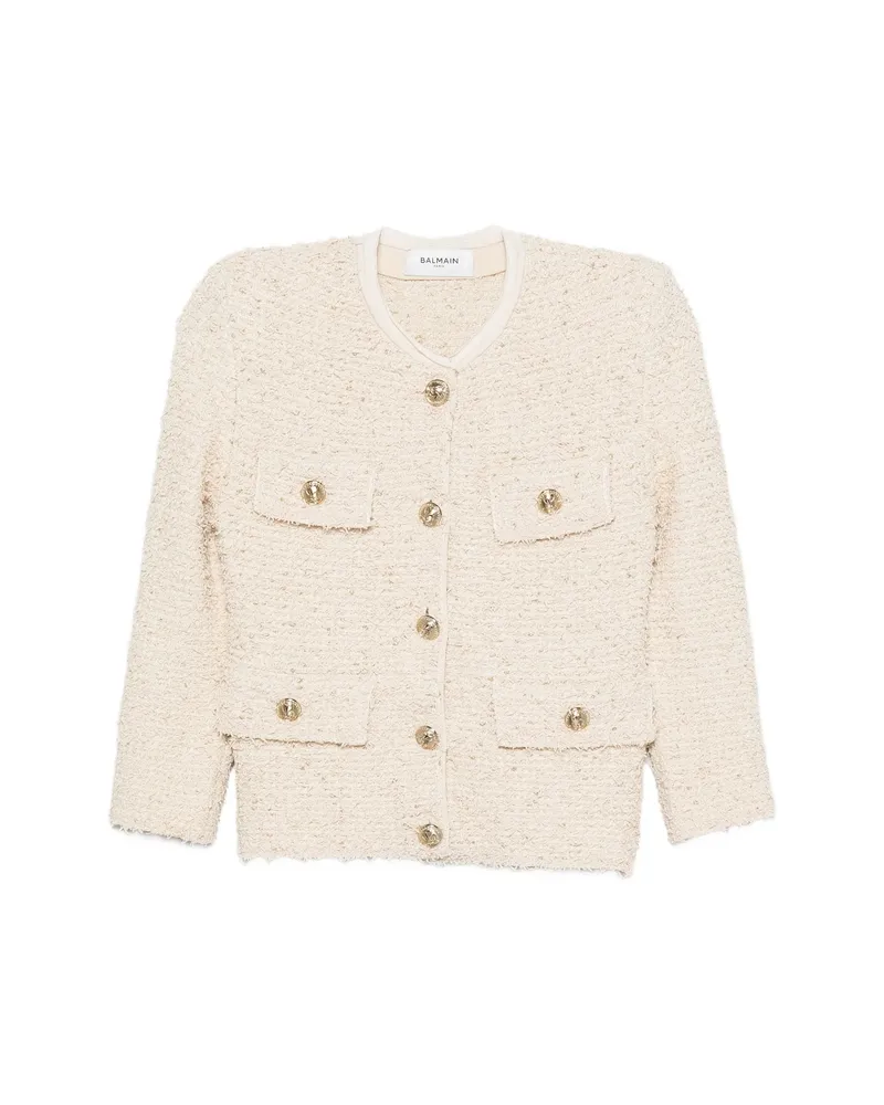 Balmain Bouclé-knit Frayed Jacket Neutrals