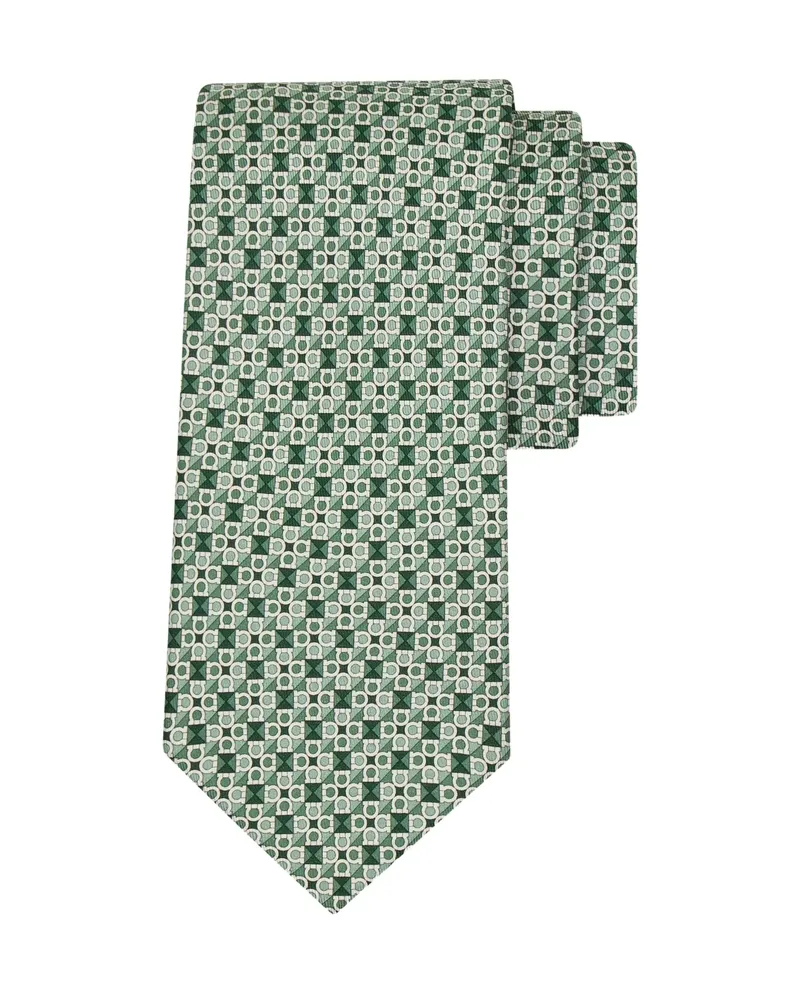 Ferragamo Square Print Silk Tie Green