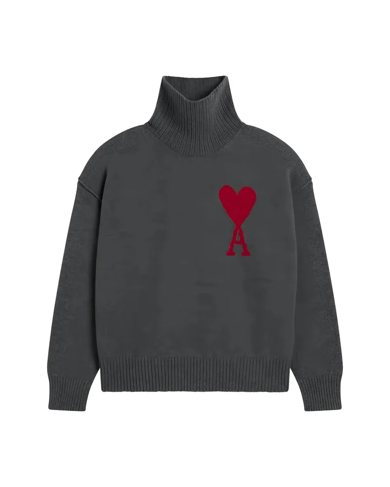 AMI Paris Grey Funell Neck Wool Sweater With Ami De Coeur Grey