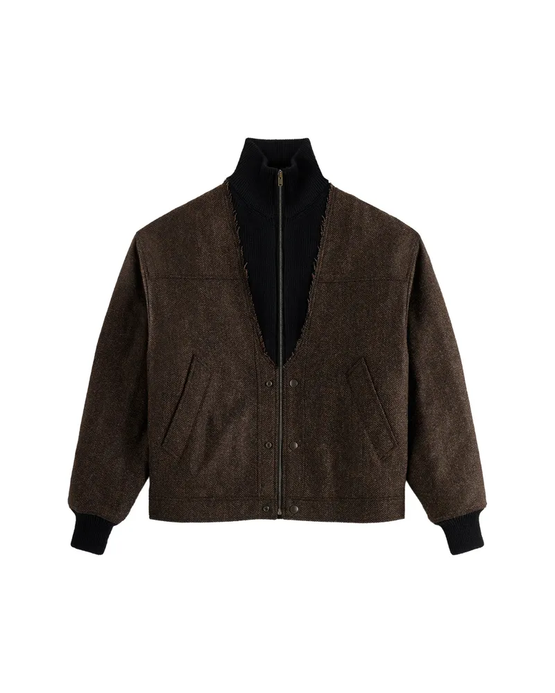 Maison Margiela Herringbone-pattern Zipped Bomber Jacket Brown