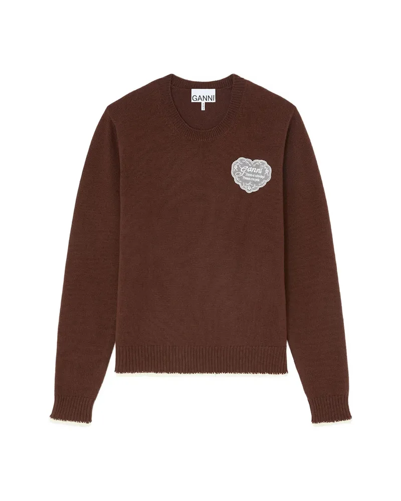 Ganni Logo-patch Crochet-trim Sweater Brown