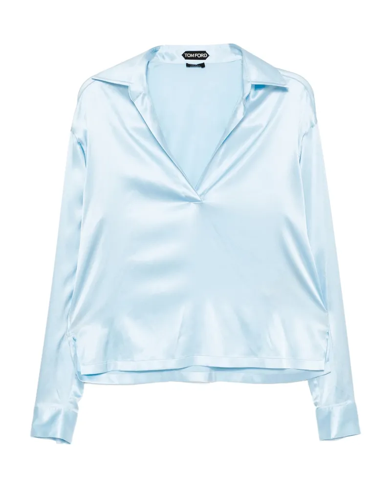 Tom Ford Logo-embroidered Satin Polo Top Blue
