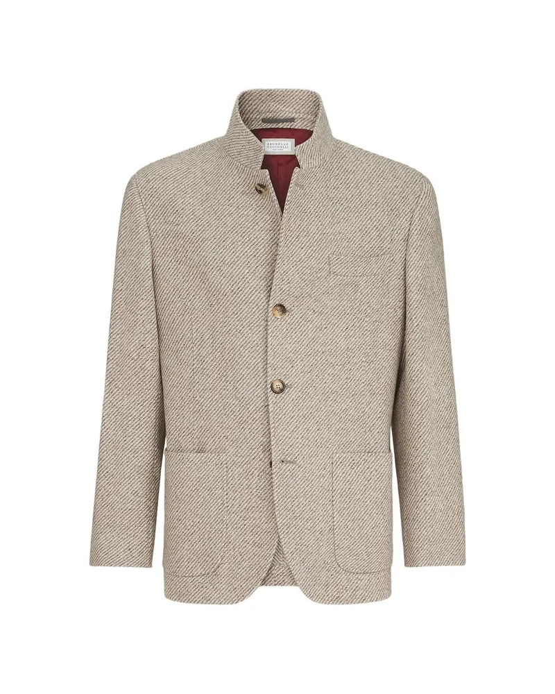 Brunello Cucinelli Cashmere And Silk Diagonal Outerwear Blazer With Patch Pockets Neutrals