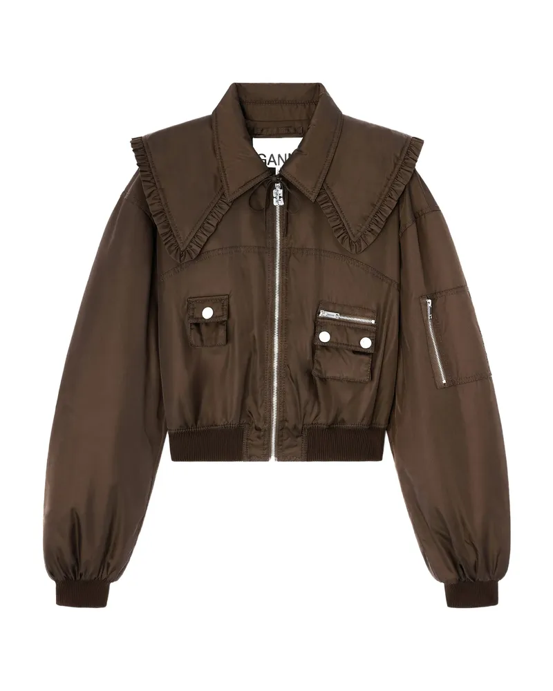 Ganni Ruffled-detail Bomber Jacket Brown