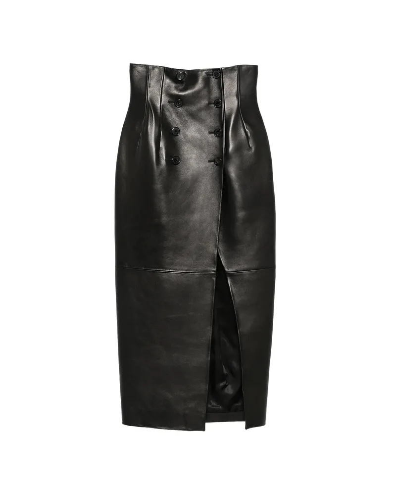 KHAITE Double-breasted Leather Midi Skirt Black