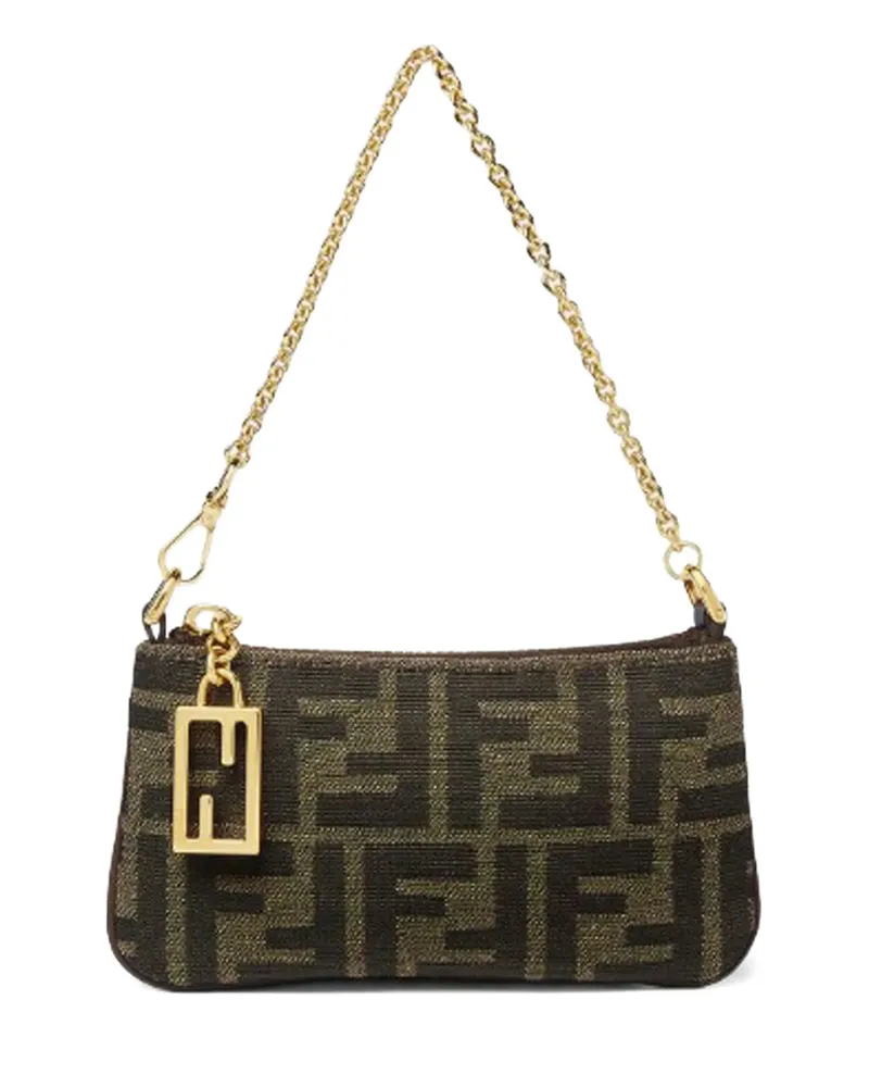 Fendi Mini Baguette Jacquard Chain Pouch Brown