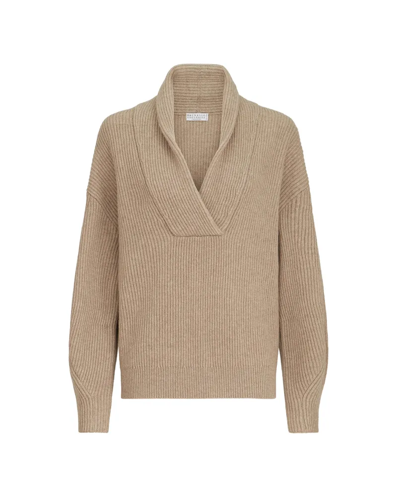 Brunello Cucinelli Cashmere English-rib Sweater With Monili Neutrals