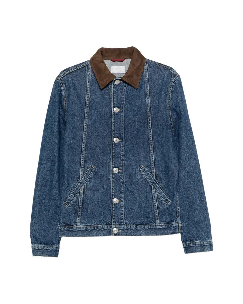 Brunello Cucinelli Suede-collar Buttoned Denim Jacket Blue