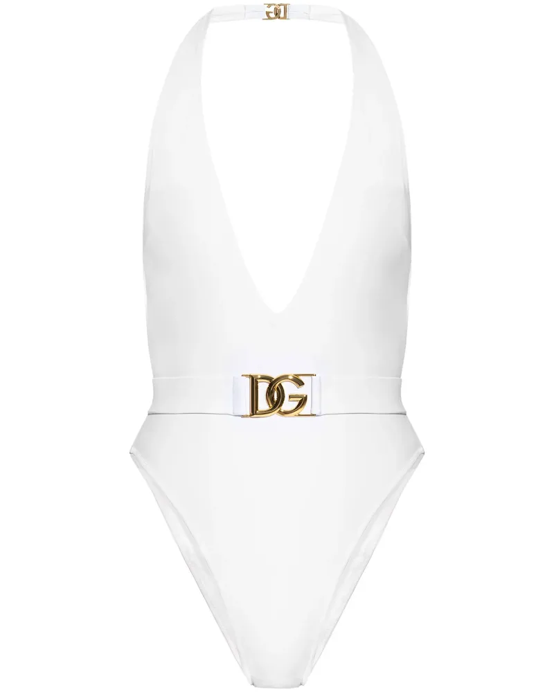 Dolce & Gabbana Plunge-neck Belted Swimsuit White