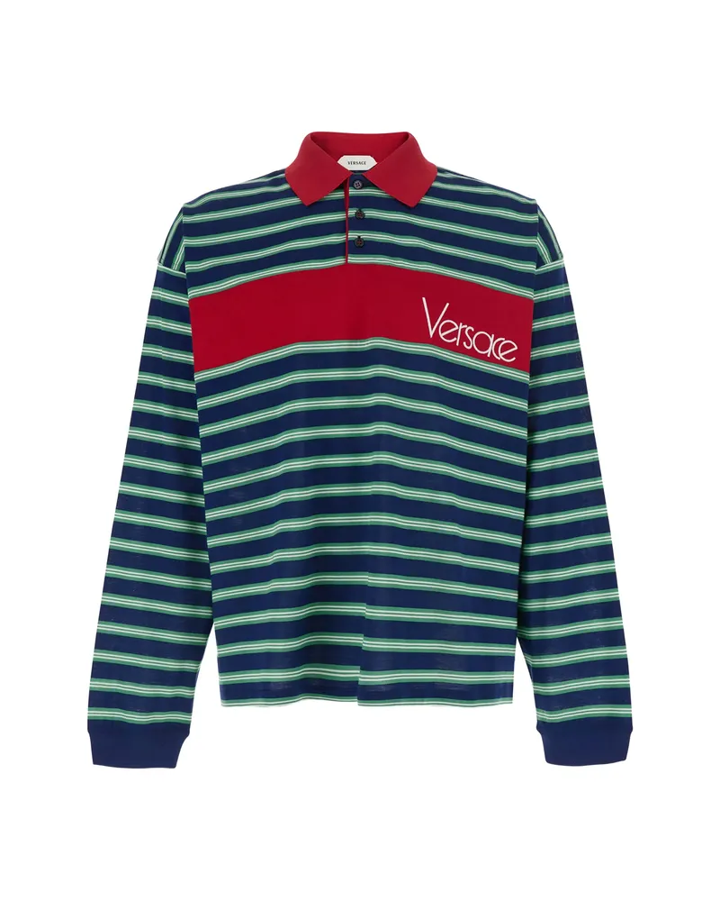 Versace Logo-detail Striped Long-sleeve Polo Shirt Blue