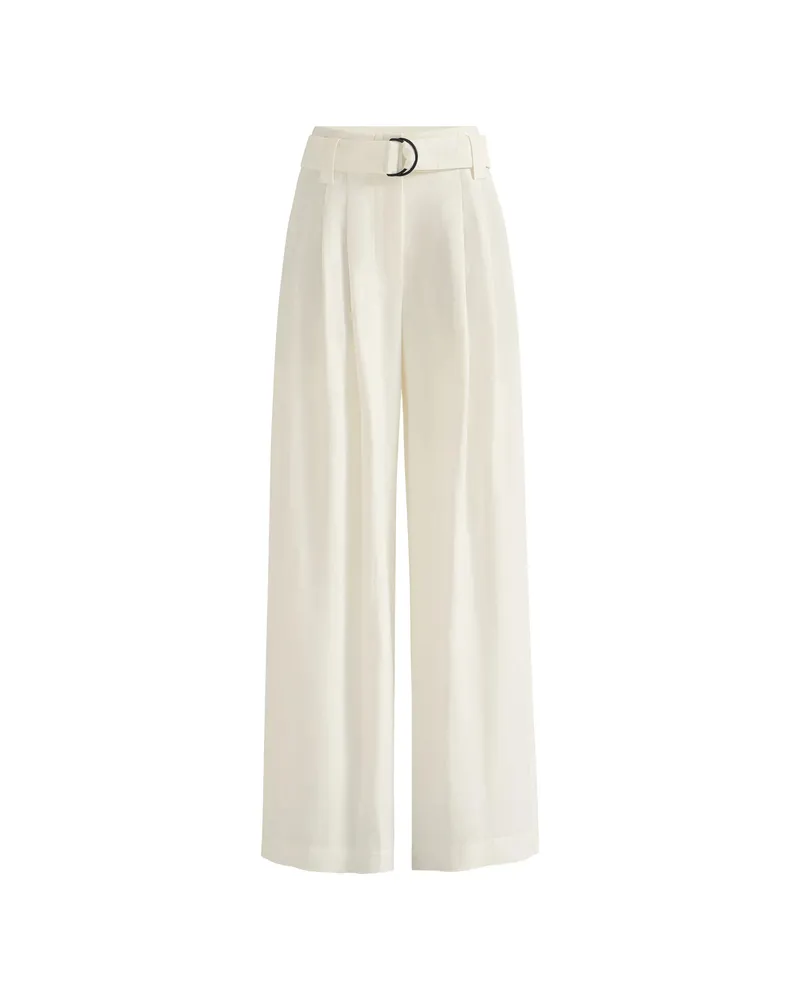 Brunello Cucinelli Viscose And Linen Fluid Twill Belted Loose Trousers With Monili White