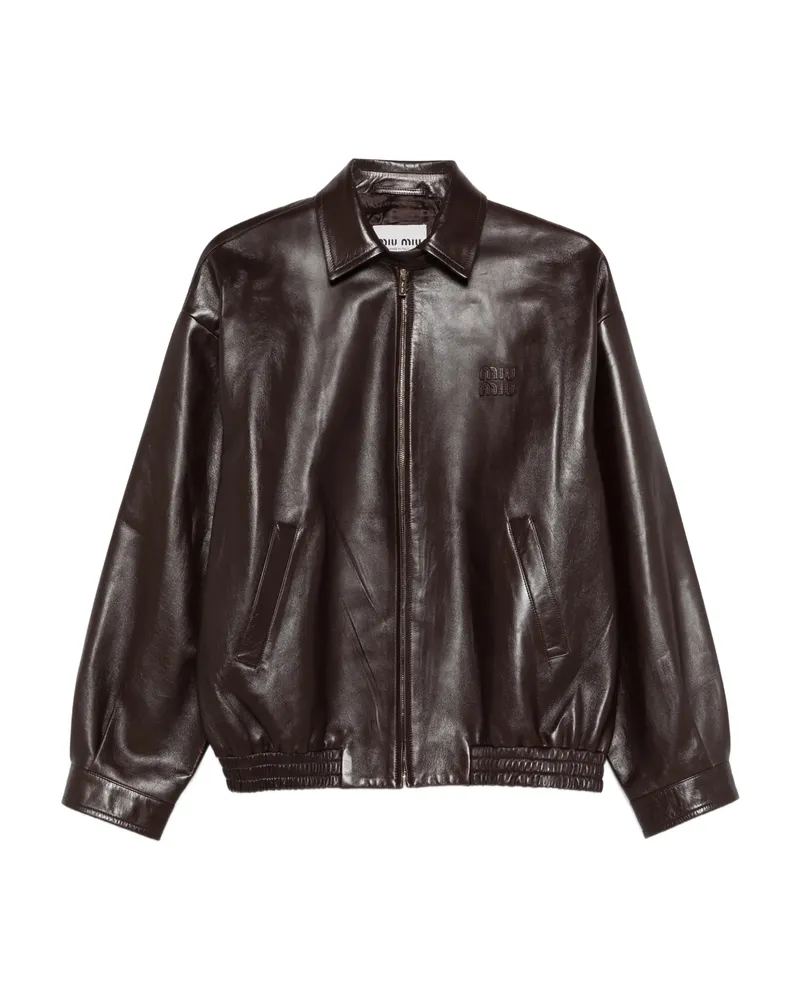 Miu Miu Logo-detail Leather Jacket Brown