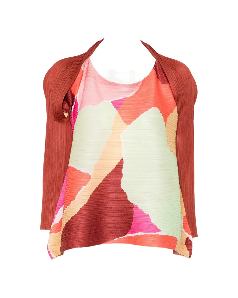 Issey Miyake Pleated Abstract-print Top Brown