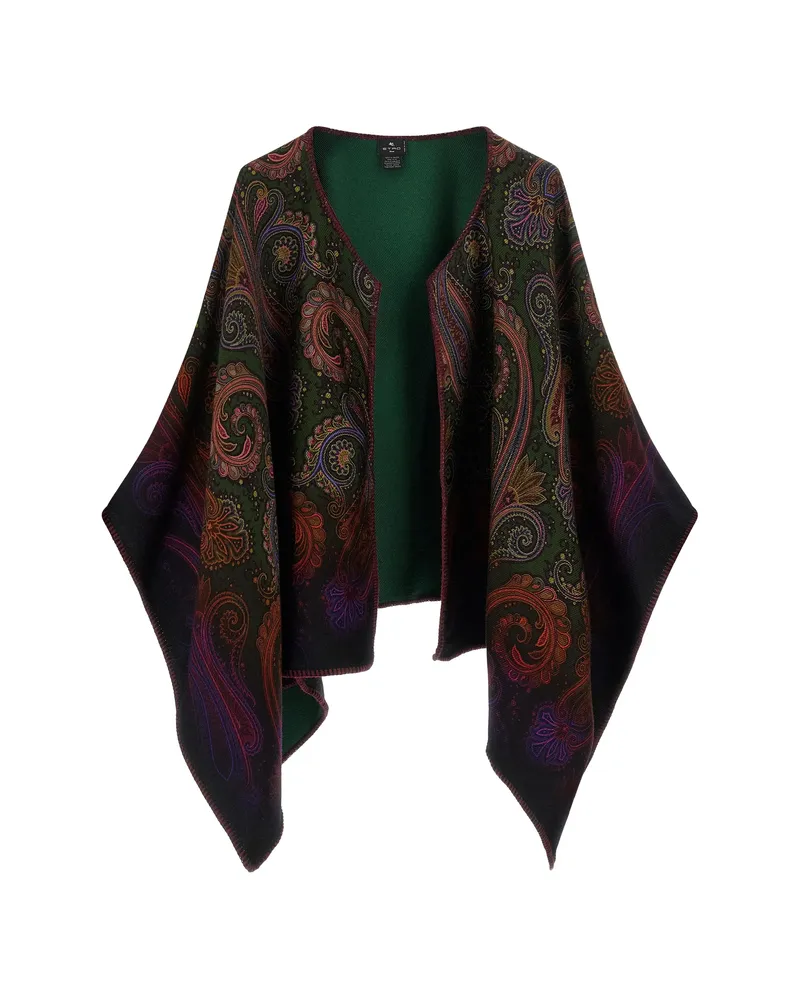 Etro Reversible Wool Cape With Degradé Paisley Motif Green