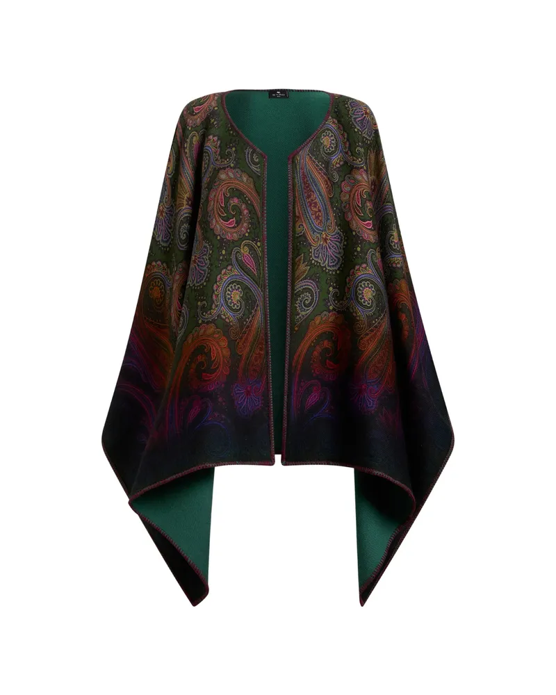 Etro Reversible Wool Cape With Degradé Paisley Motif Green