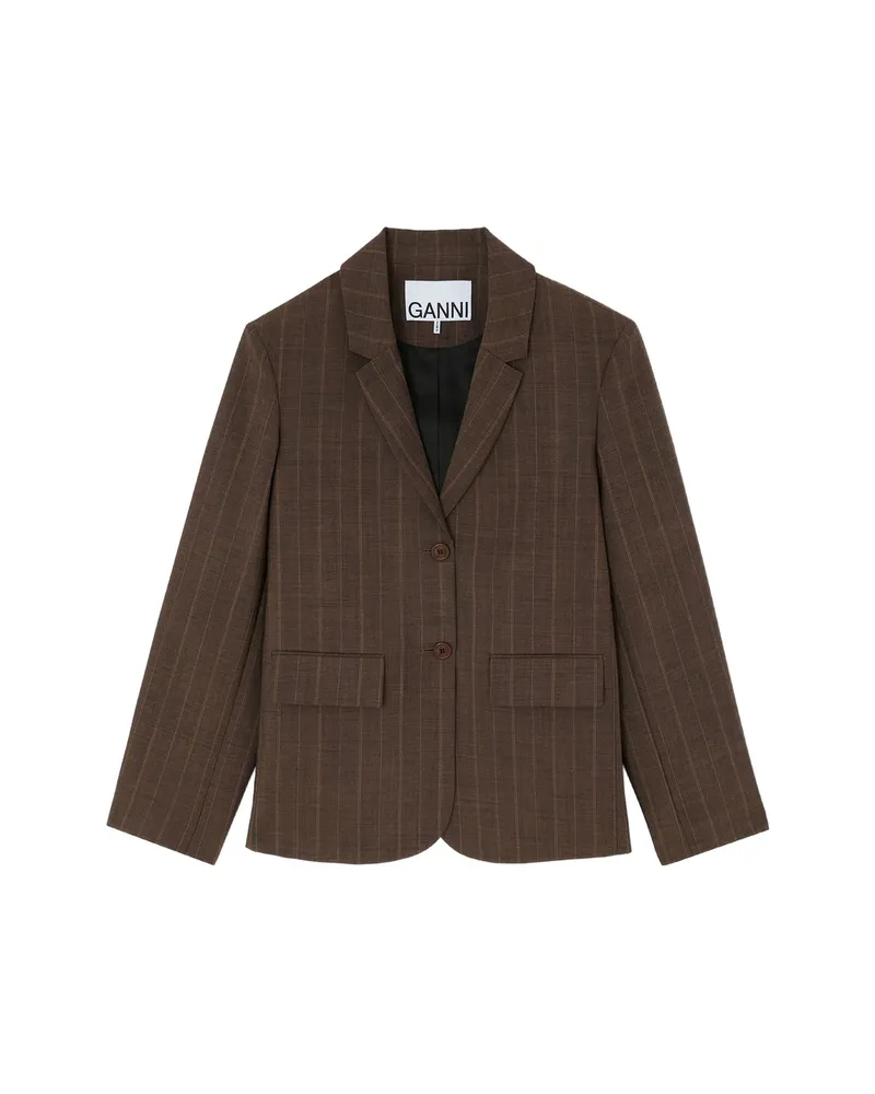 Ganni Pinstriped Wool Blazer Brown