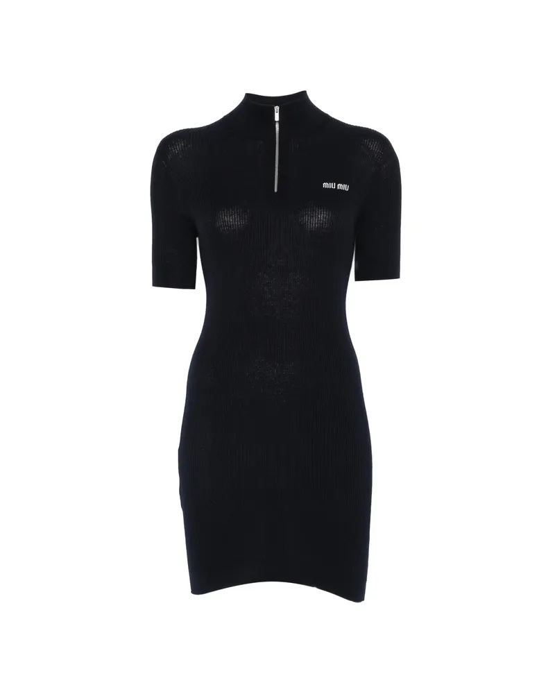 Miu Miu Ribbed-knit Logo-embroidered Mini Dress Blue