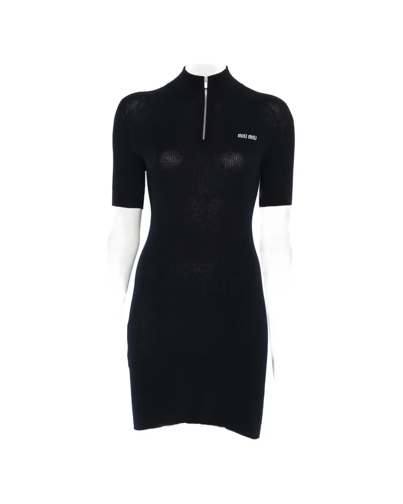 Miu Miu Ribbed-knit Logo-embroidered Mini Dress Blue