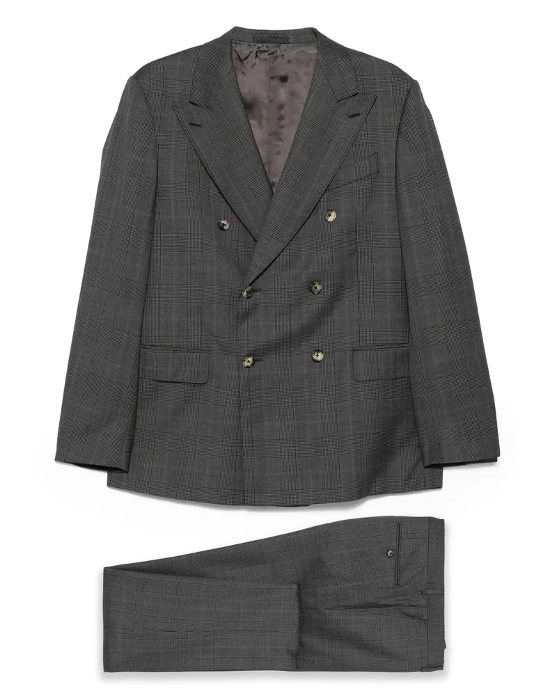 Caruso Double-breasted Checked Suit Grey