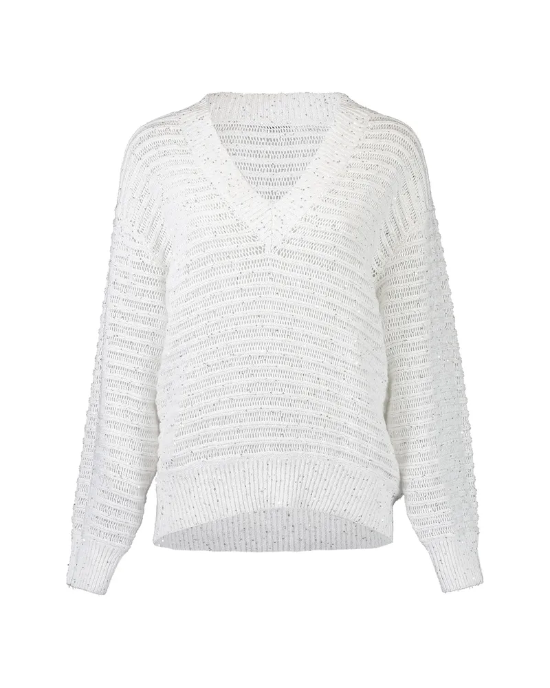 Brunello Cucinelli Linen Diamond Yarn Sweater With Openwork Stripes White