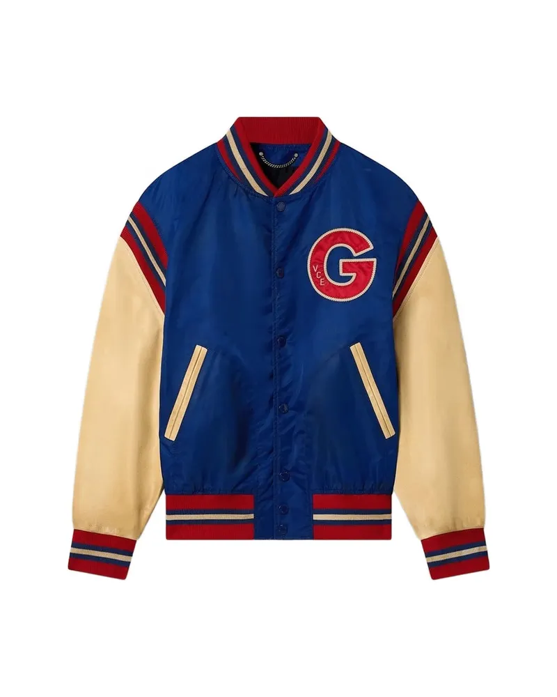Golden Goose Men's Varsity Bomber Jacket With Leather Sleeves Blue