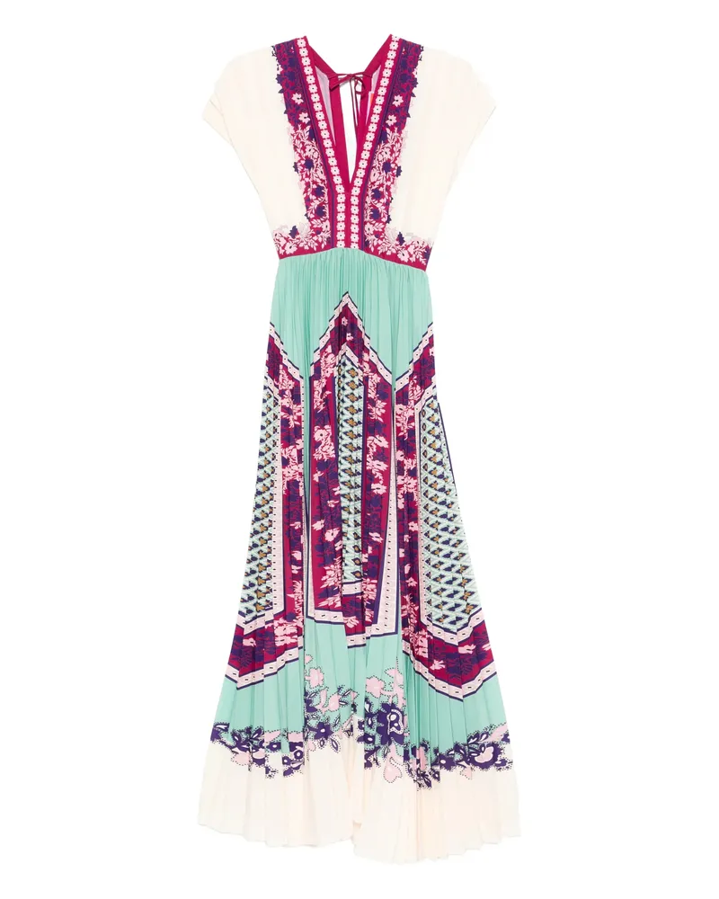 La DoubleJ V-neck Floral Pleated Midi Dress Neutrals