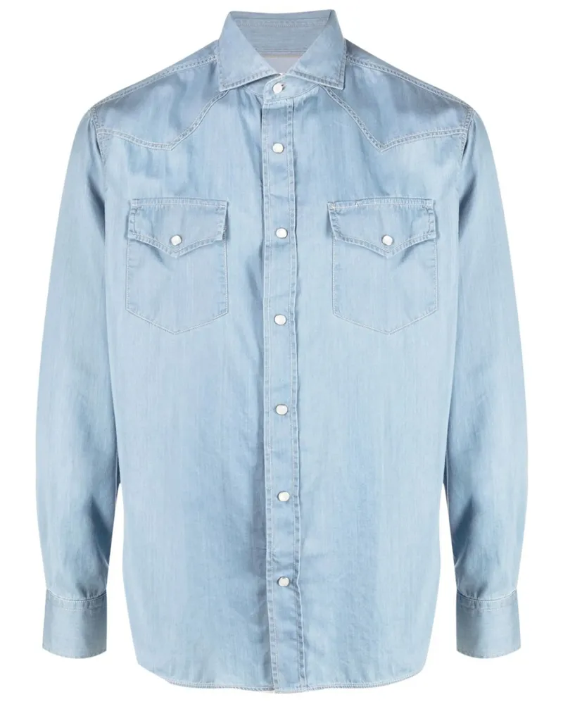 Brunello Cucinelli Contrast-stitch Western-yoke Shirt Blue