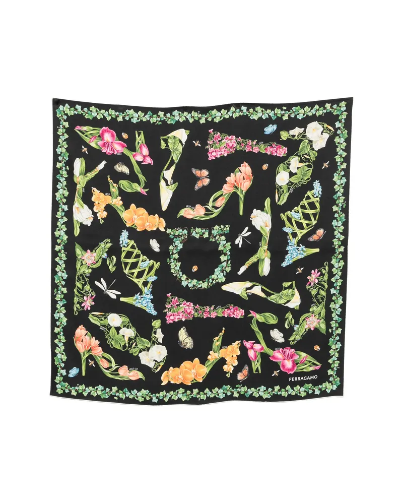 Ferragamo Eden Shoes Print Silk Scarf Black