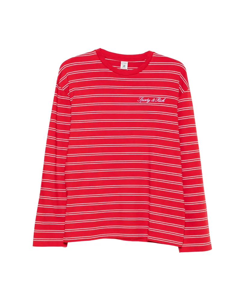 SPORTY & RICH Striped Logo-embroidered Long-sleeve Cotton T-shirt Red