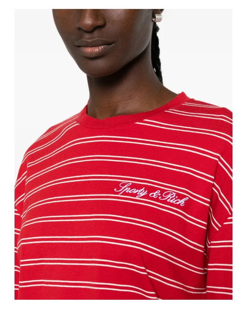 SPORTY & RICH Striped Logo-embroidered Long-sleeve Cotton T-shirt Red