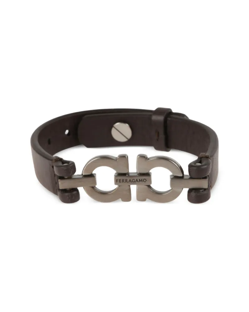 Ferragamo Bracciale Ferragamo. Design In Pelle, Decorato Con Doppio Logo Gancini In Finitura Rutenio. Chiusura Regolabile Con Perno Brown