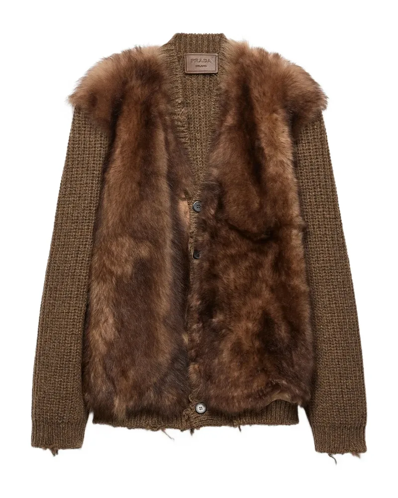 Prada Shearling-trimmed Wool Cardigan Brown