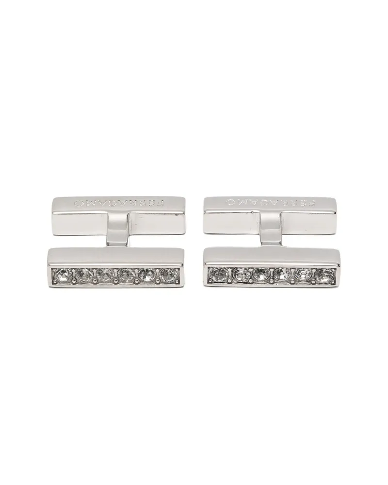 Ferragamo Crystal-embellished Logo-engraved Cufflinks Silver