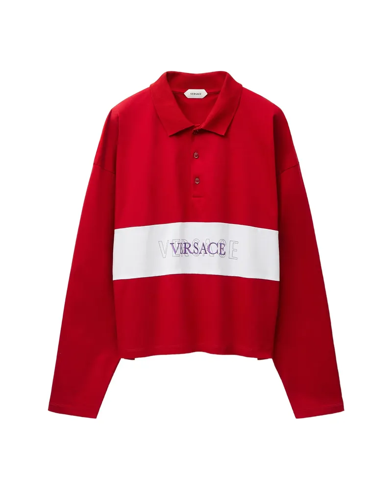 Versace Embroidered-logo Intarsia Cotton-jersey Polo Red