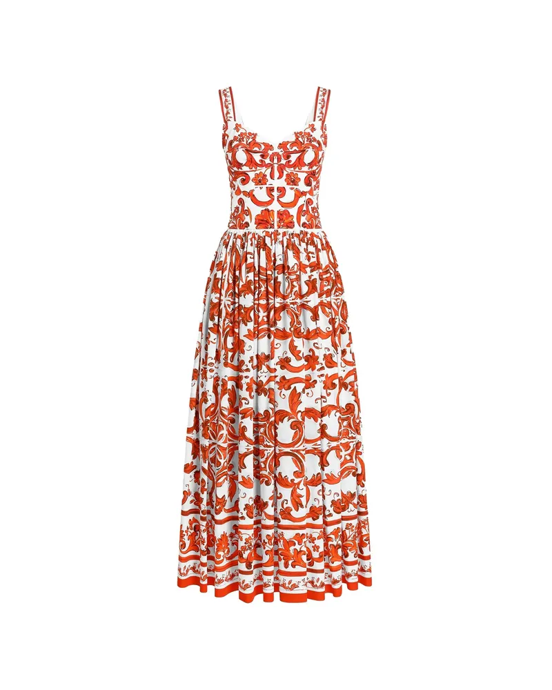 Dolce & Gabbana Majolica-print Long Poplin Dress White