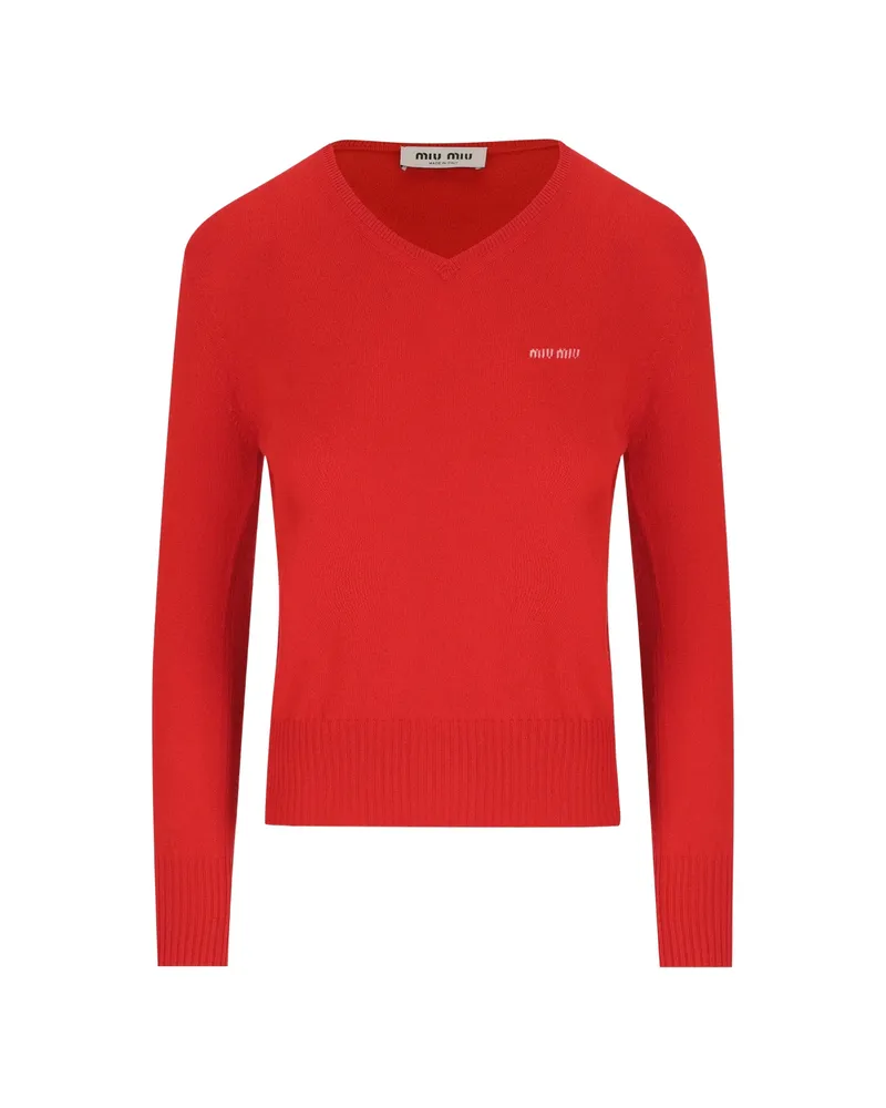 Miu Miu Embroidered-logo V-neck Sweater Red