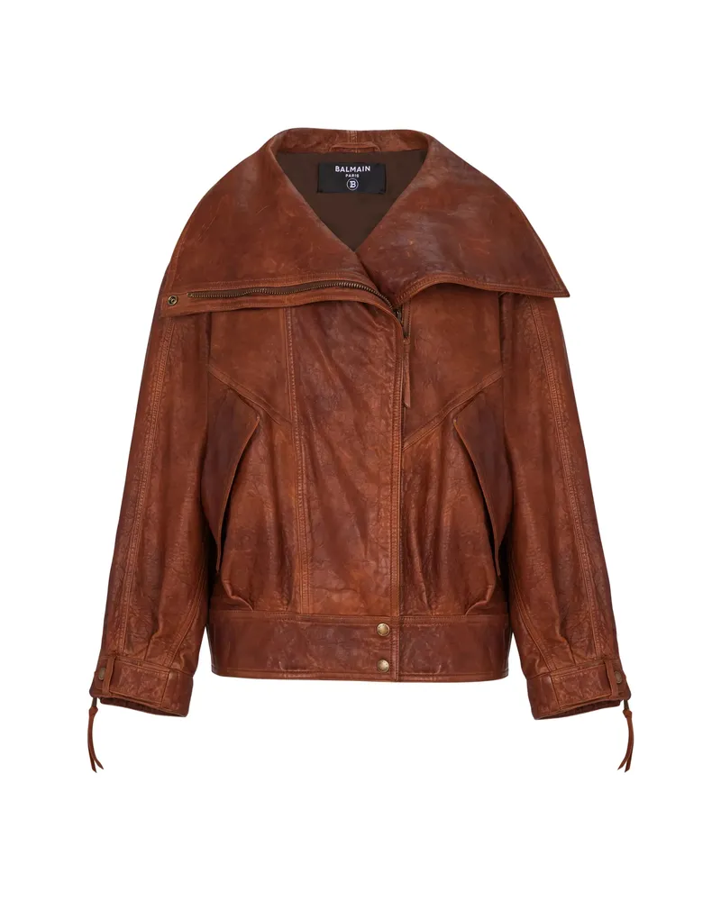 Balmain Zip Lambskin Bomber Jacket Brown