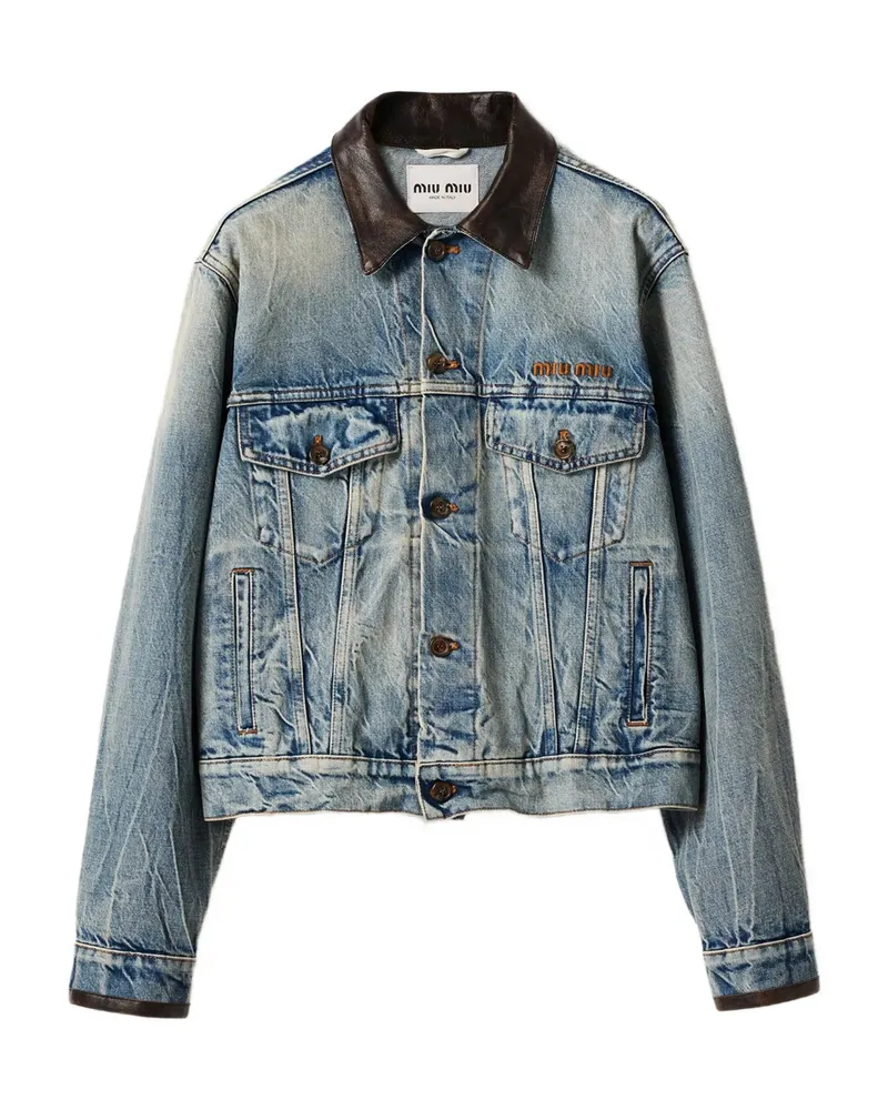 Miu Miu Leather-collar Denim Jacket Blue