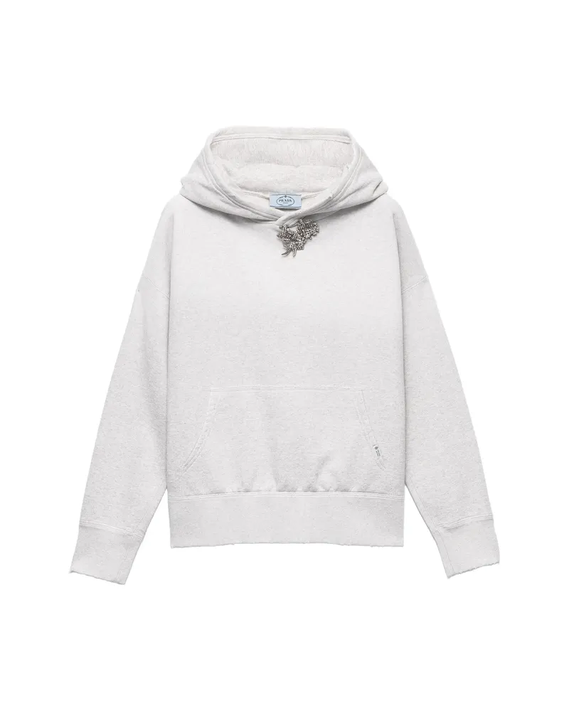 Prada Cotton Fleece Hoodie With Jewel Brooch Grey