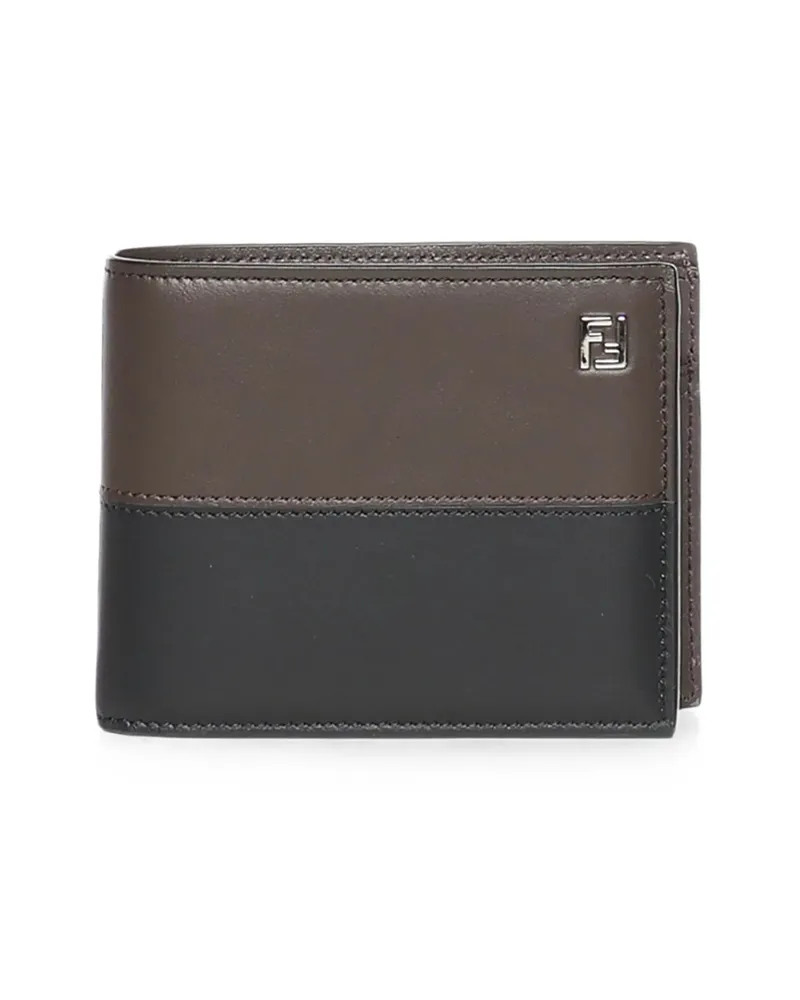 Fendi FF Double Two-tone Black And Ebony Leather Bi-fold Coin Wallet Brown