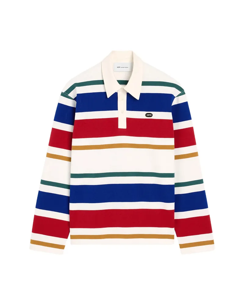 AMI Paris Striped Cotton Polo With Ami Patch Neutrals