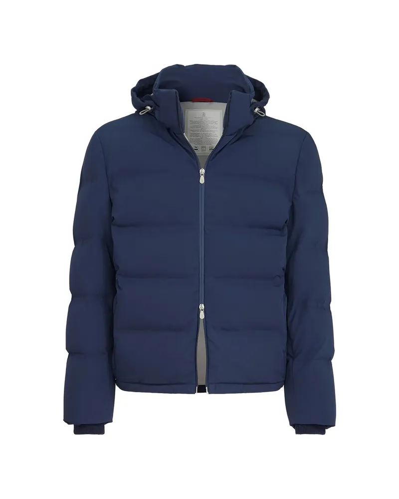 Brunello Cucinelli Stretch Bonded Nylon Down Jacket With Heat-bonded Seams And Detachable Hood Blue