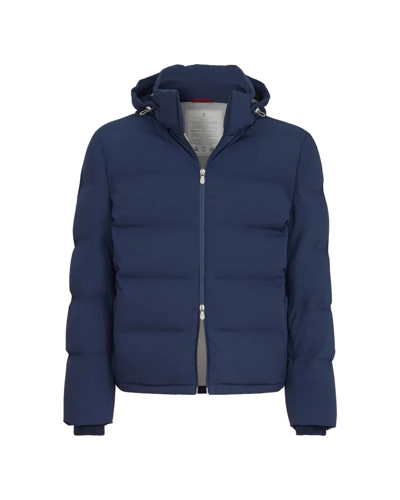 Brunello Cucinelli Stretch Bonded Nylon Down Jacket With Heat-bonded Seams And Detachable Hood Blue
