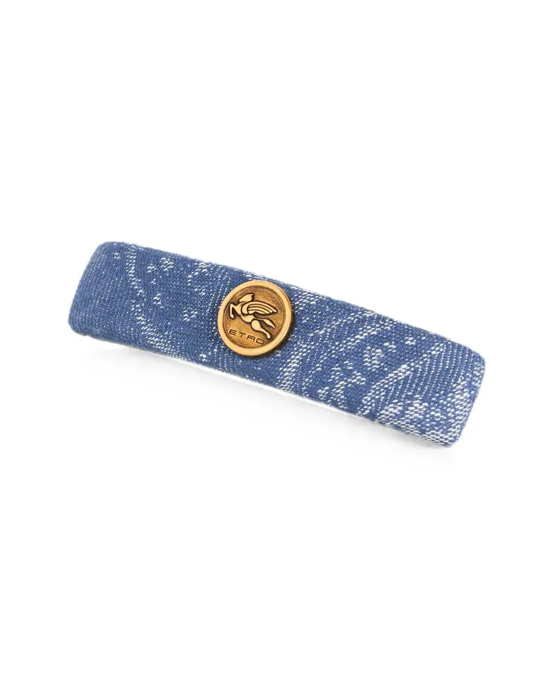 Etro COTTON AND LINEN JACQUARD DENIM HAIR CLIP WITH LEAFY MOTIF Blue
