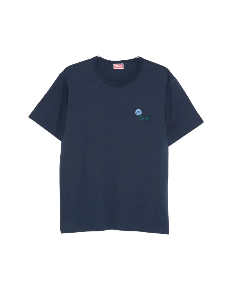 Kenzo Flower-embroidered Logo-print T-shirt Blue