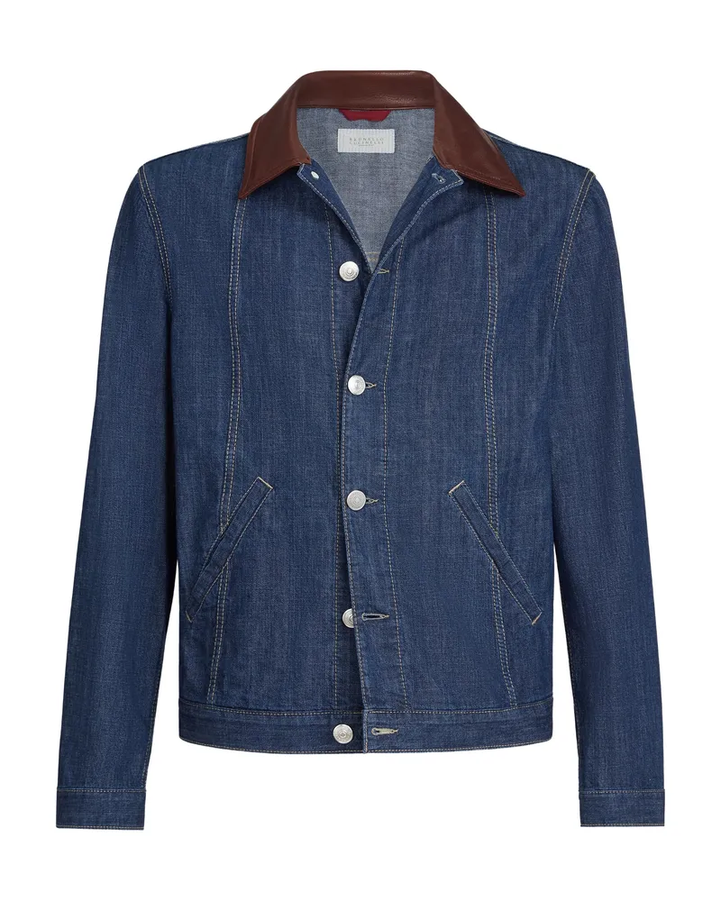 Brunello Cucinelli Leather Collar Denim Jacket Blue