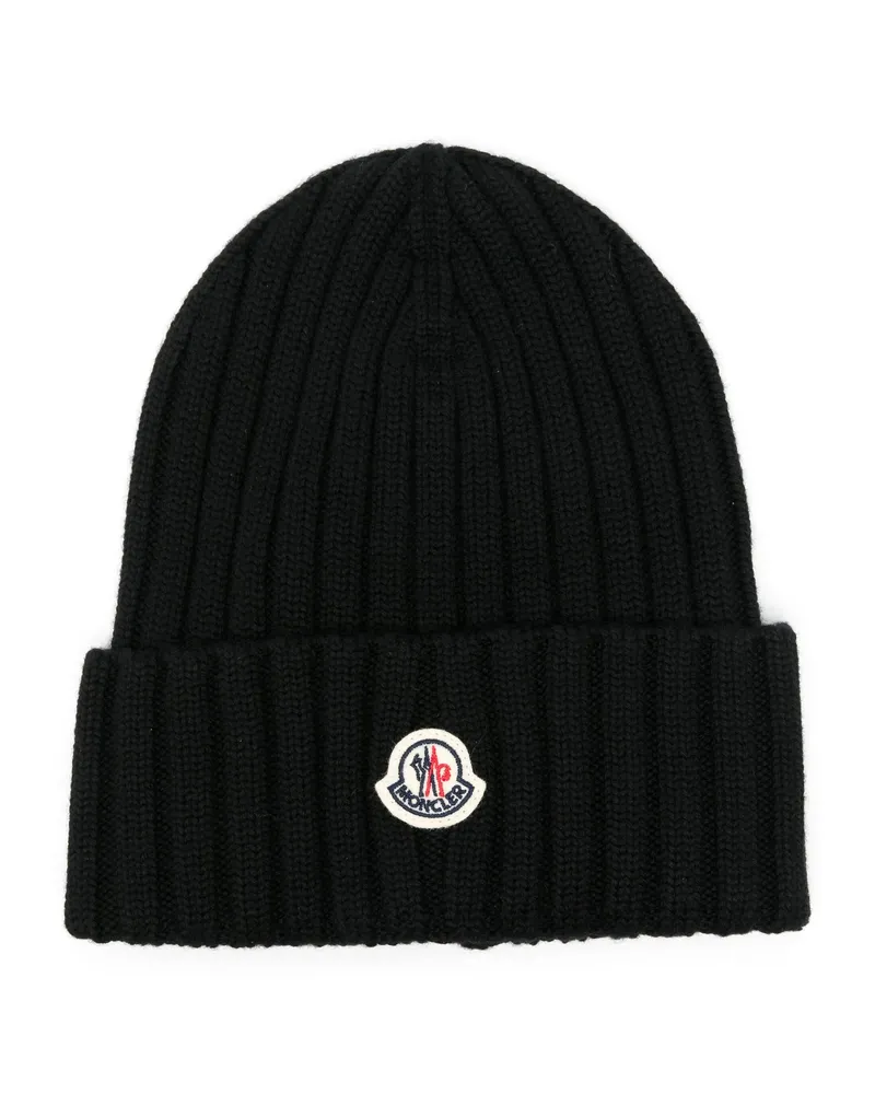 Moncler Logo-patch Ribbed-knit Beanie Hat Black